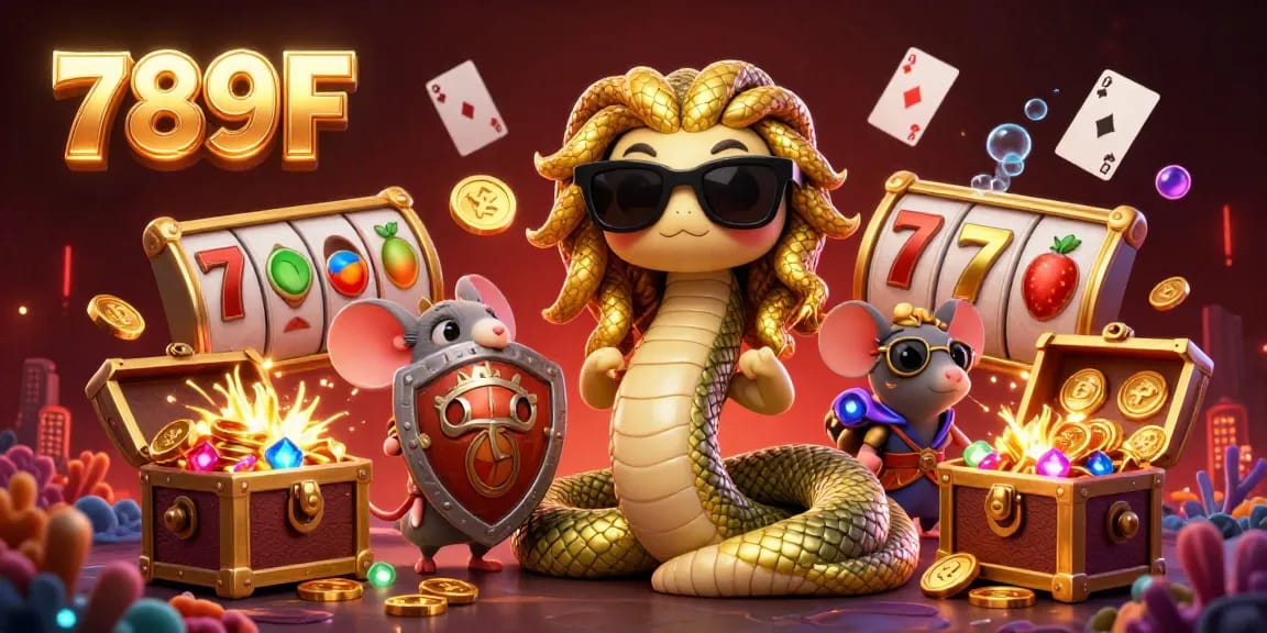 Engage with the vibrant 789F casino world, featuring Medusa, a warrior mouse, and lively slot game elements.