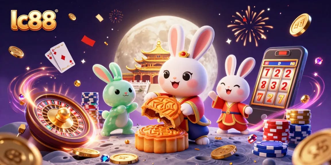 Experience the thrill of lc88 with dynamic moon rabbit pounding mooncakes revealing poker chips, surrounded by casino excitement.