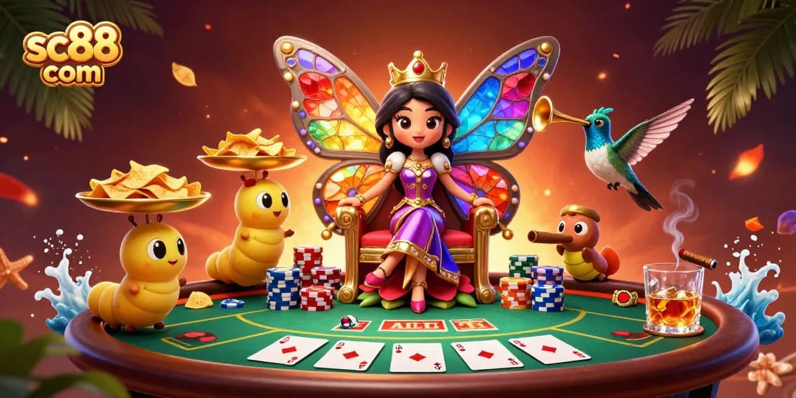 Join the excitement at sc88 com with the butterfly queen in a vibrant casino scene full of poker action.