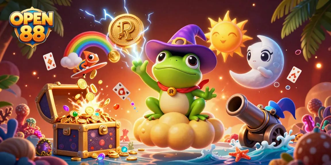 Open 88 showcases an exciting casino experience with golden coins and vibrant characters, enhancing the thrill of gaming.