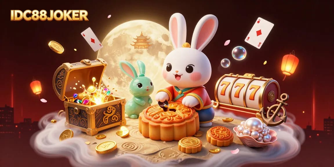 Join the excitement at IDC88JOKER with a vibrant scene of a moon rabbit and casino games!
