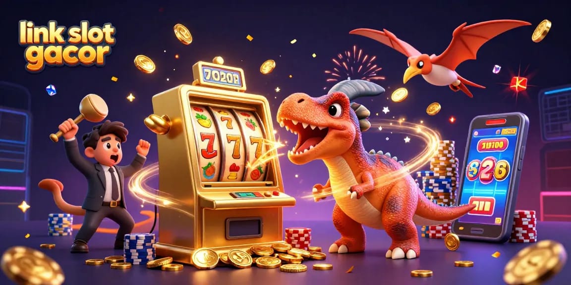 Experience excitement with link slot gacor as dinosaurs engage in a vibrant casino scene.