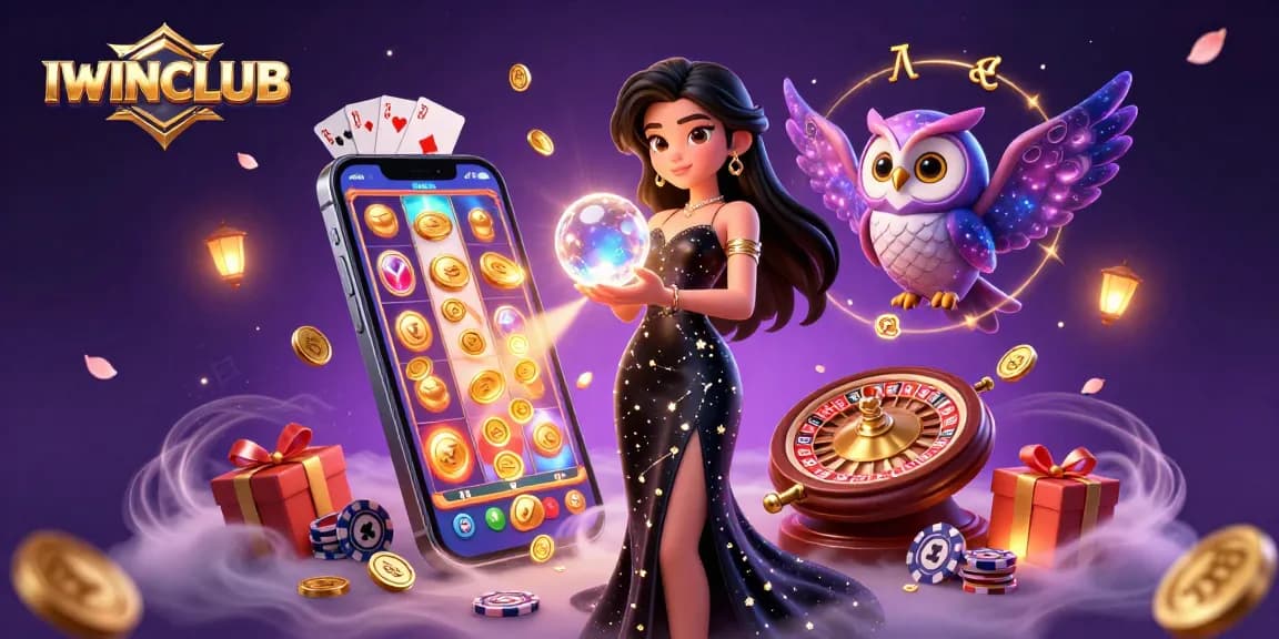 IWINCLUB presents a vibrant scene with a mystical woman and owl representing high-stakes gaming excitement.