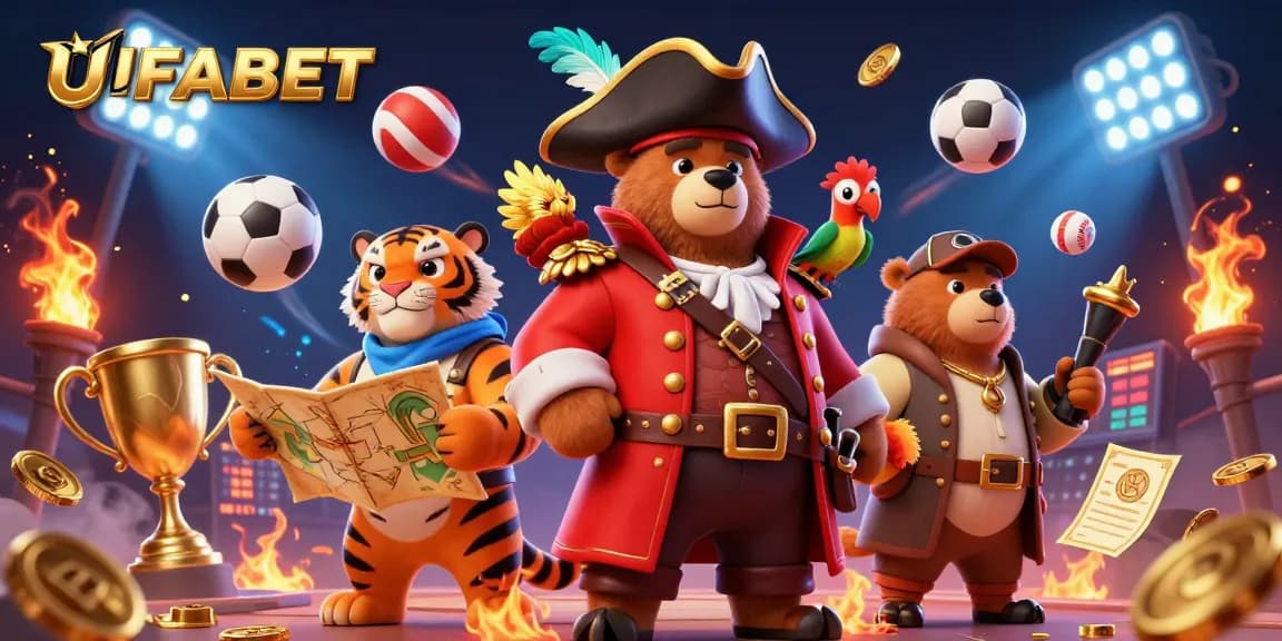 Experience the thrill of UFABET with 3D cartoon characters in a dynamic casino scene surrounded by sports betting elements.