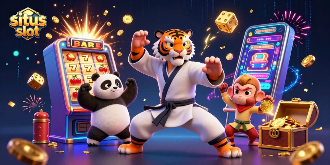Memenangkan permainan di situs slot dengan karakter kartun kung fu, mesin slot, dan efek koin berkilau.