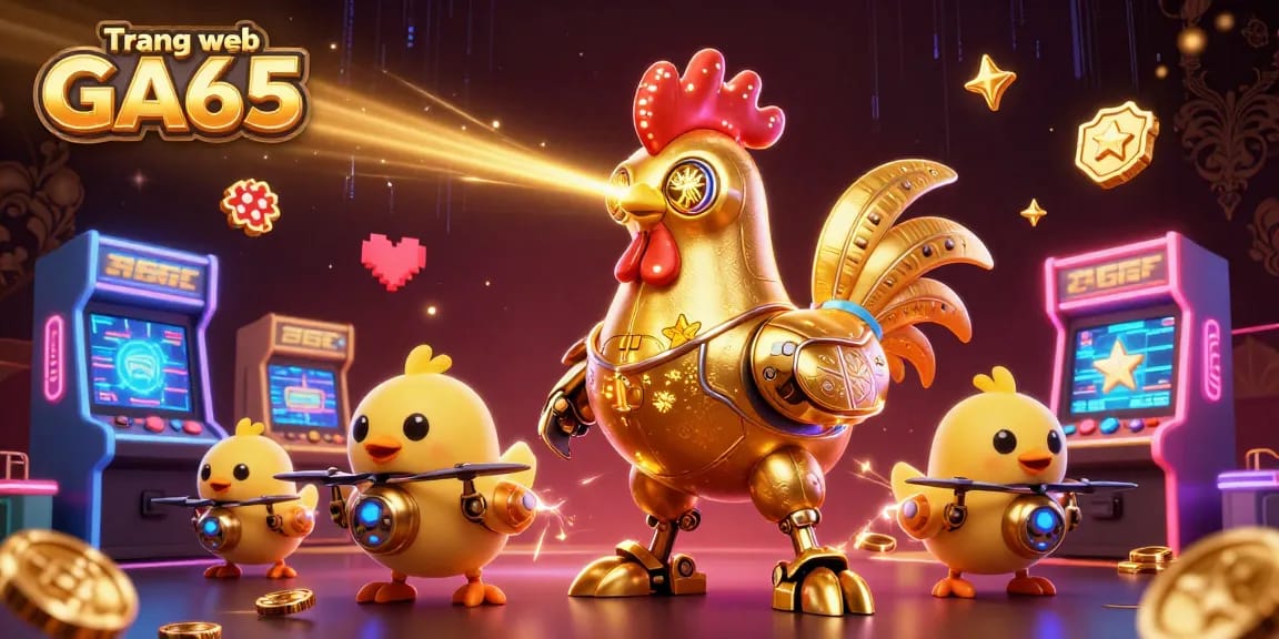 Place bets with confidence using Trang web GA65, featuring a golden rooster robot amidst vibrant casino elements.