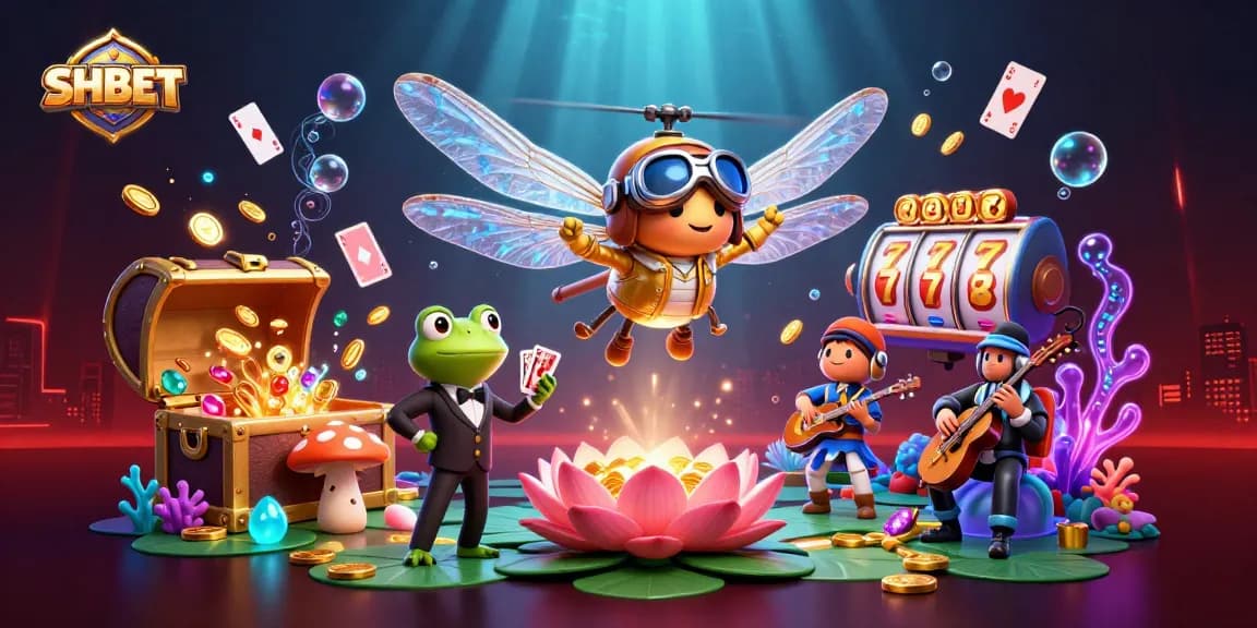 Join the excitement at SHBET with vibrant casino action featuring a dragonfly pilot and frog dealer.