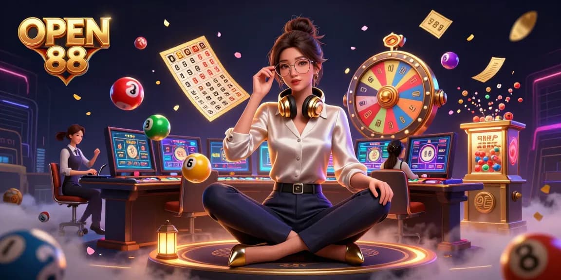 Experience exciting gaming at OPEN 88 with vibrant lottery balls and dynamic casino setups.