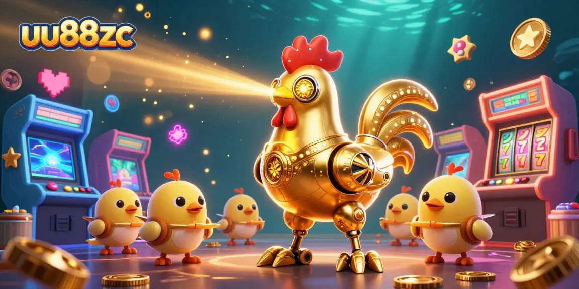 Play dynamic games and win big at uu88zc featuring a golden rooster robot in a vibrant casino environment.