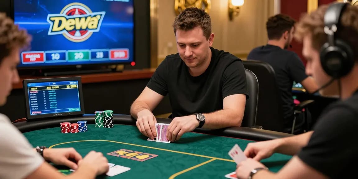 A dynamic view of players engaged in Agen Poker Online, showcasing excitement and strategy in a virtual tournament setting.