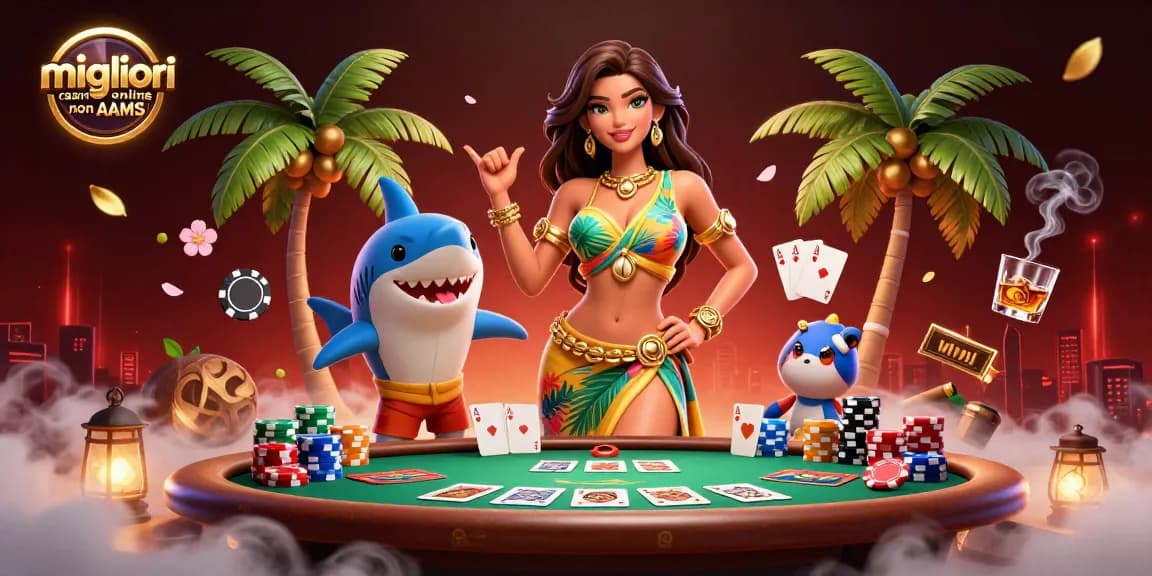 Interagisci con i migliori casino online non AAMS in questa vivace scena di casinò 3D con elementi di gioco.