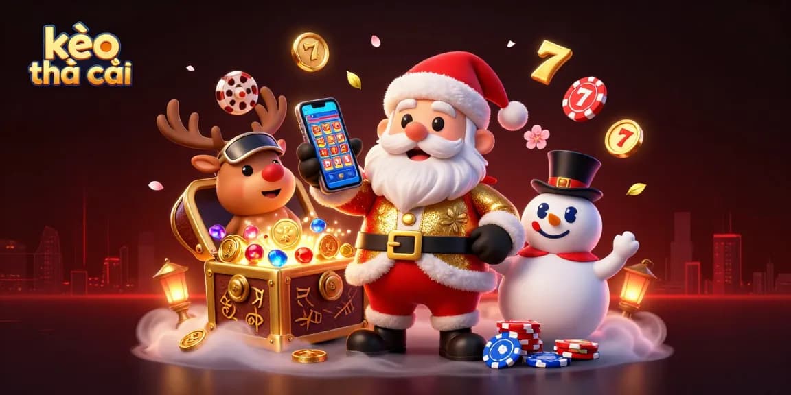 Engage with kèo nhà cái through this vibrant illustration featuring Santa and friends in a casino setting.