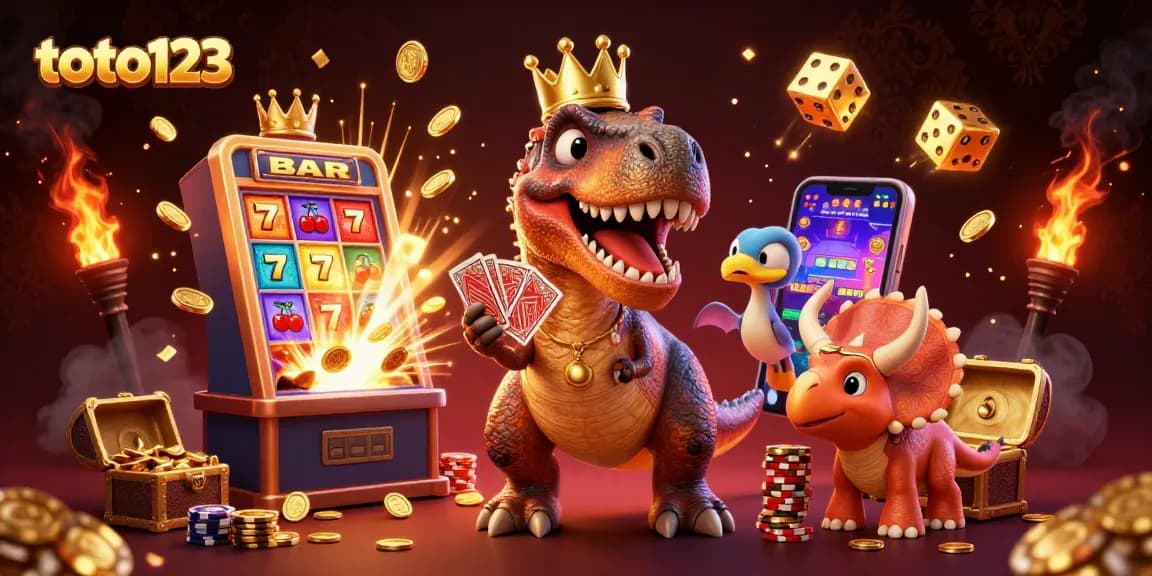 Engage with thrilling games at toto123 as a friendly dinosaur duo navigates an exciting casino scene.