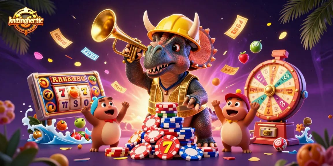 Experience excitement with knittingheretic's vibrant casino scene featuring a cheerful triceratops and slot machines.