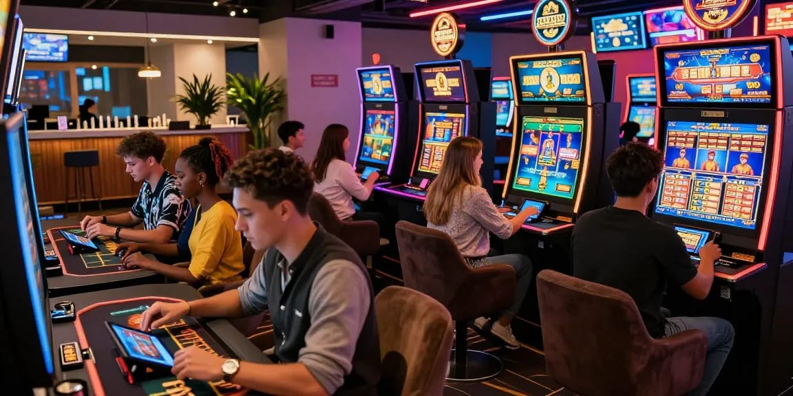 Players enjoying migliori casino online games in a vibrant digital casino setting with neon lights and engaging visuals.