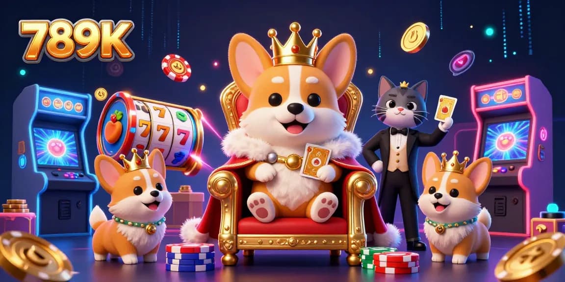 Play and win at 789K with the whimsical scene of corgis celebrating casino wins amid gleaming slot game symbols.