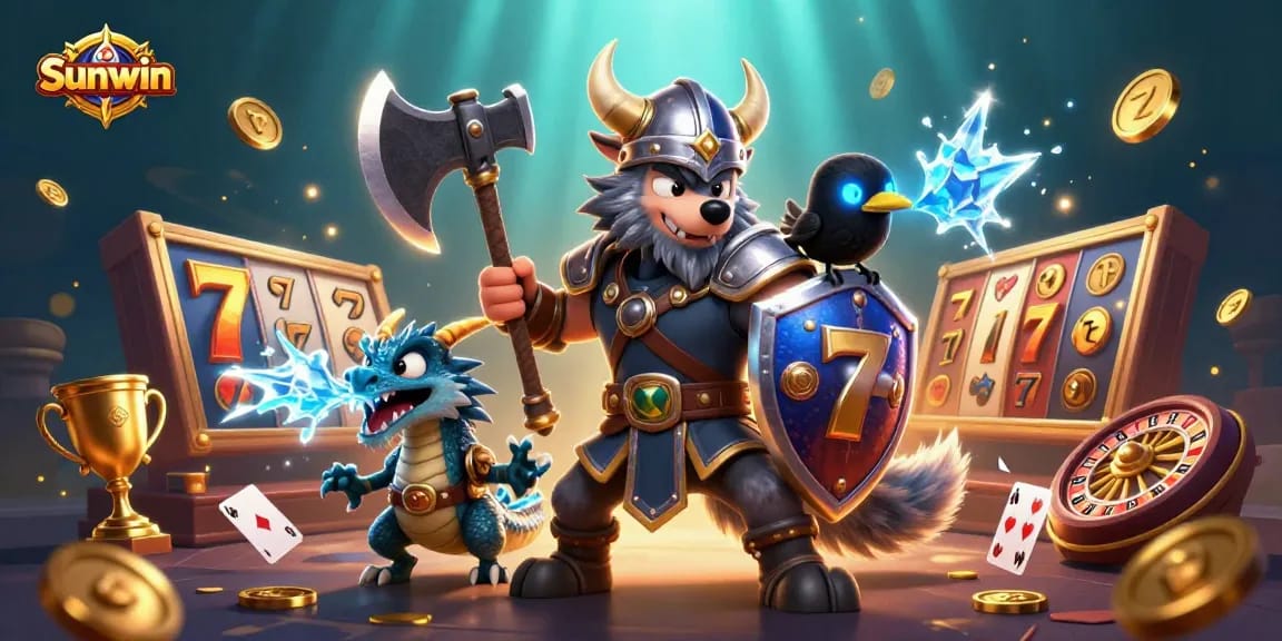 Experience thrilling casino action with Sunwin's dynamic 3D gaming illustration featuring epic characters and vibrant casino elements.