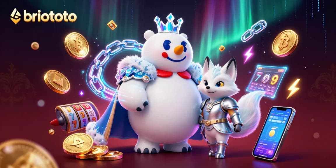 Briototo promotes thrilling slot adventures with a royal-themed illustration showcasing a polar bear king and silver fox.