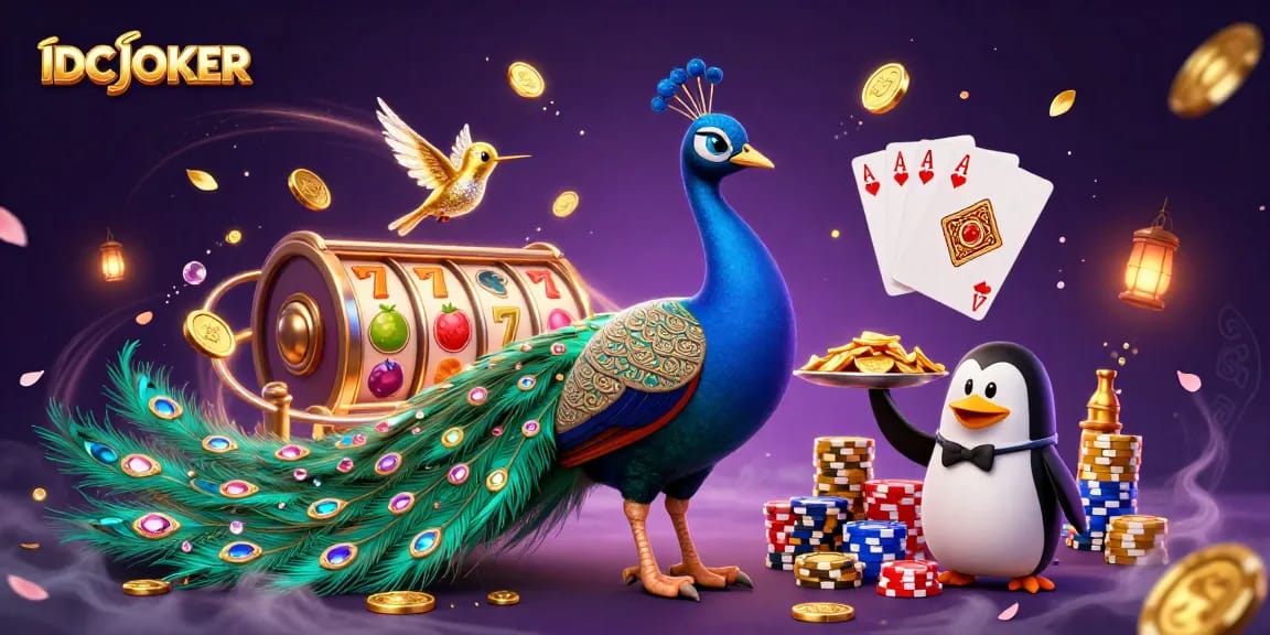 Play slots with IDCJOKER featuring vibrant reels, royal flush cards, and colorful chips in a magical casino scene.