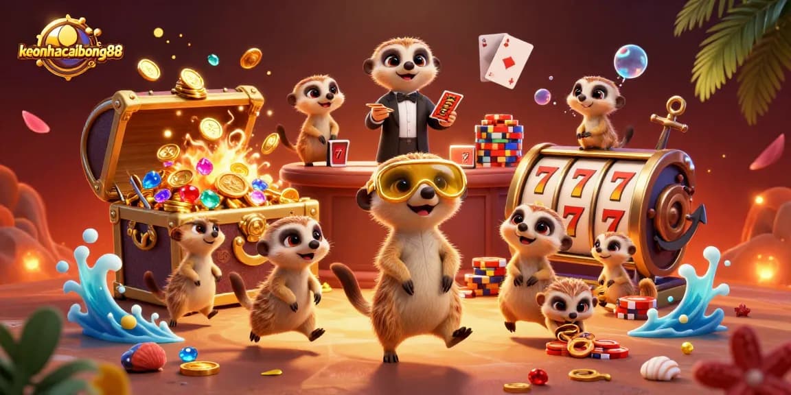 Exciting gameplay at keonhacaibong88 featuring meerkats managing a vibrant casino.