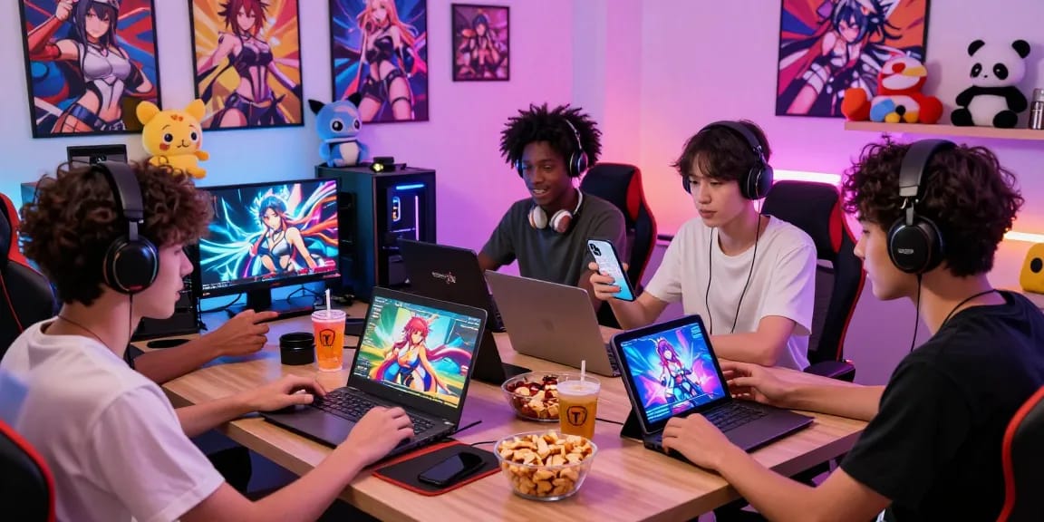 Exciting scene of diverse players enjoying hentai games on various devices in a vibrant gaming den.