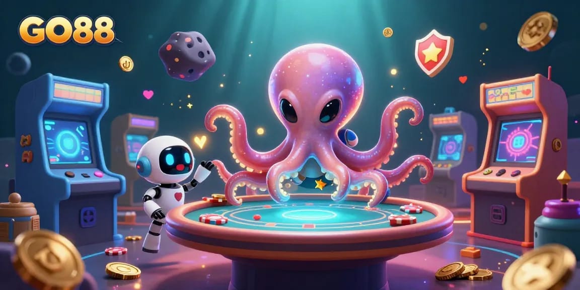 Win big at GO88 with an energetic alien octopus playing poker surrounded by vibrant casino games.