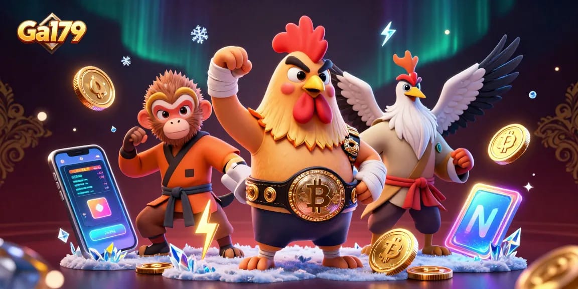 Engage in thrilling cockfighting action at Ga179 featuring vibrant characters and dynamic elements.