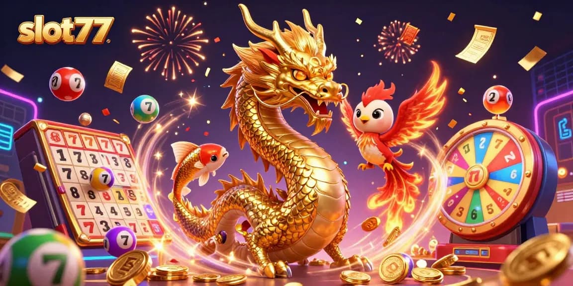 Spin and win with slot77 in a vibrant casino scene featuring dragons, jackpots, and excitement.