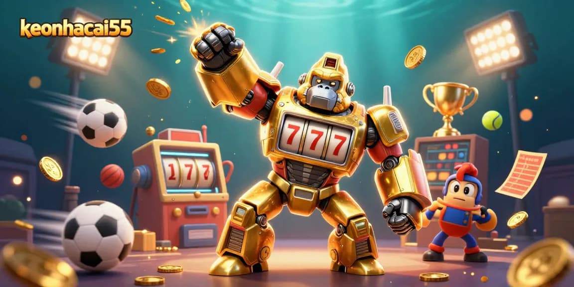 Engage with keonhacai55 in sports betting excitement, featuring a dynamic golden gorilla mech.