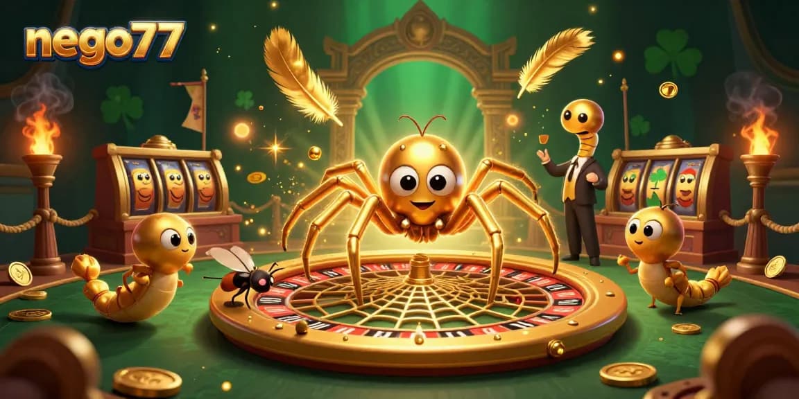 Bet on NEGO77's jackpot potential with a golden spider croupier at a roulette wheel.