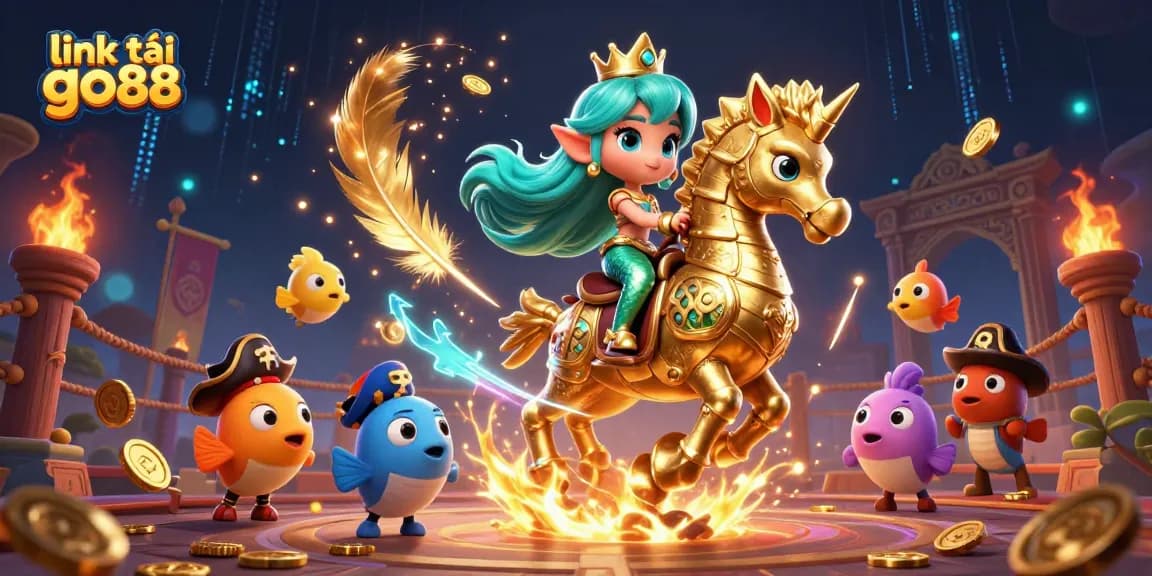 Engage with the exciting link tải go88 world featuring a 3D mermaid princess and a giant seahorse amidst vibrant casino elements.