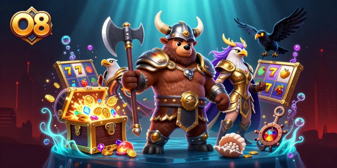 Join the action at O8 with vibrant slot reels, a Viking berserker bear, and a Valkyrie eagle amidst treasure!