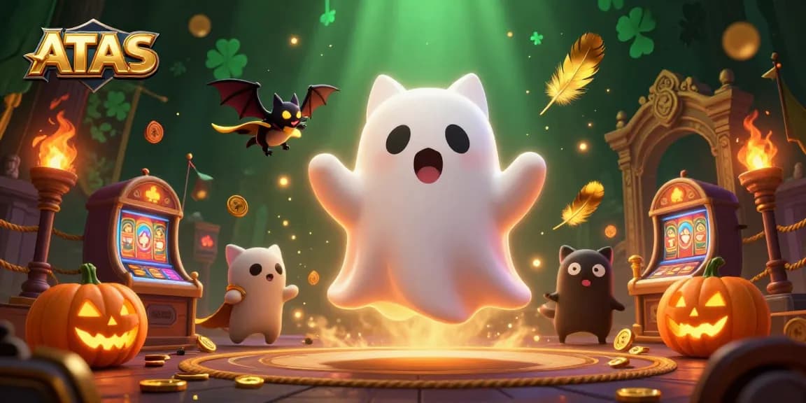 ATAS casino scene features a ghost cat and vampire bat among glowing jack-o-lanterns, capturing fun gaming thrills.