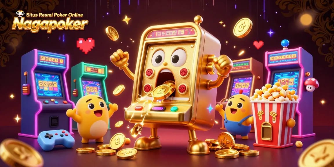Situs Resmi Poker Online Nagapoker features a jubilant slot machine celebrating a jackpot amidst vibrant gaming elements
