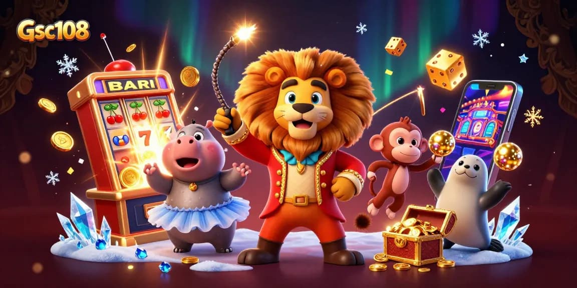 Gsc108 menampilkan karakter kasino yang bersemangat dengan slot mesin jackpot yang mencolok.