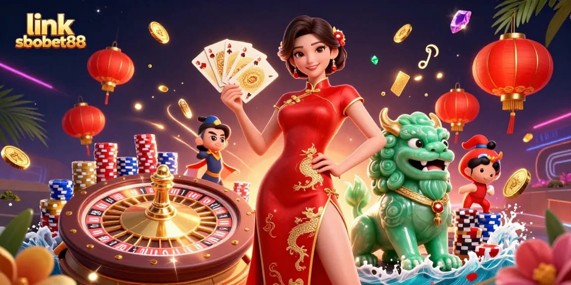 Experience link sbobet88 with an elegant woman presenting golden playing cards surrounded by dynamic casino elements.