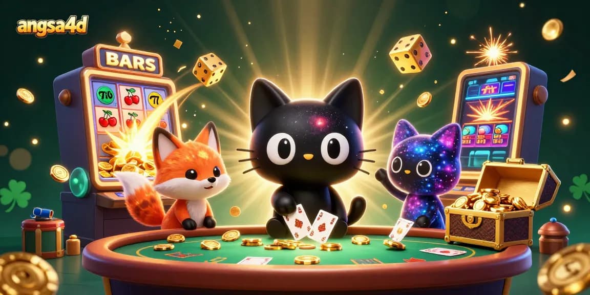 Experience angsa4d's thrilling slots as the black hole cat gathers golden chips and cards.