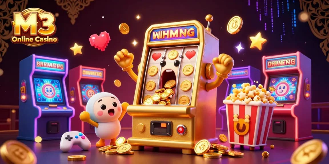 M3 Online Casino showcases a joyful golden slot machine celebrating a jackpot in a vibrant, dynamic casino scene.