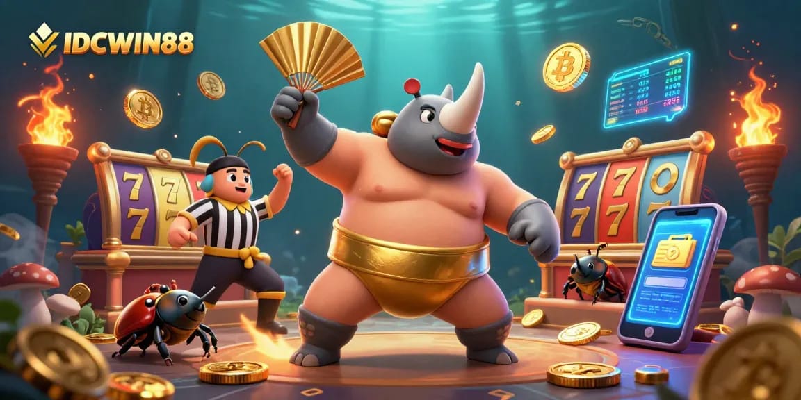 Engage with IDCWIN88's thrilling slot games featuring a dynamic sumo beetle champion.