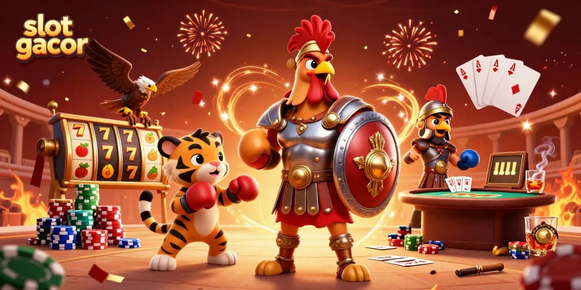 Permainan slot gacor menampilkan ayam jantan prajurit dalam arena dengan simbol keberuntungan dan kemewahan.