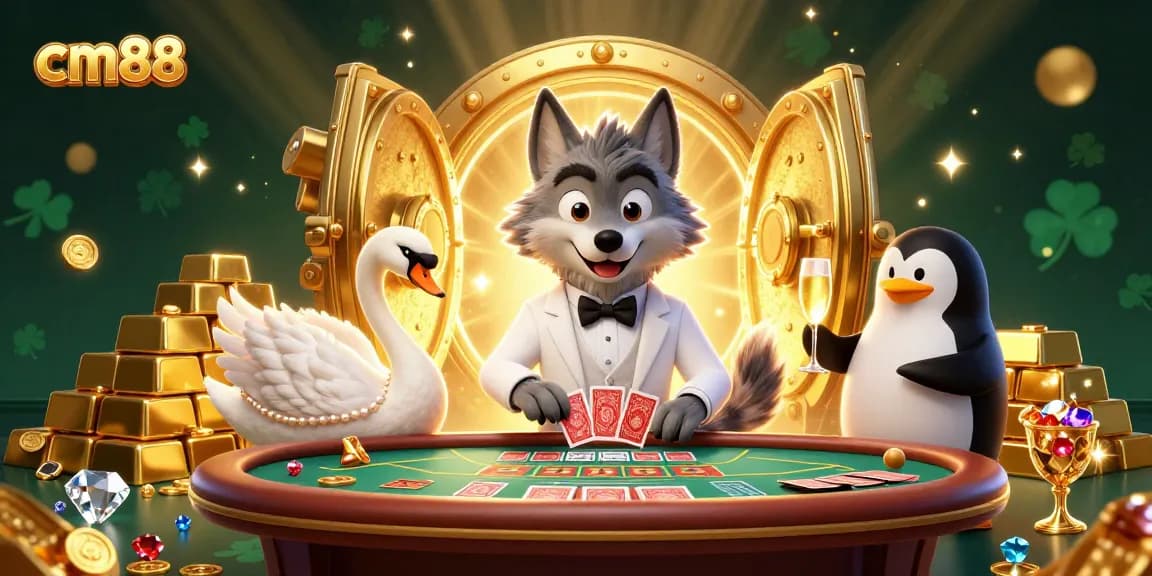 Experience thrilling gameplay at cm88 with a lively scene of cartoon characters and rich casino elements.