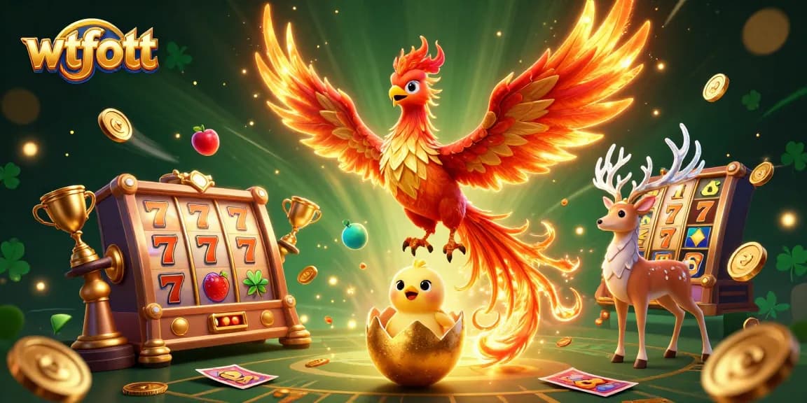 Experience wtfott with thrilling slots and a radiant phoenix in this vibrant casino scene.