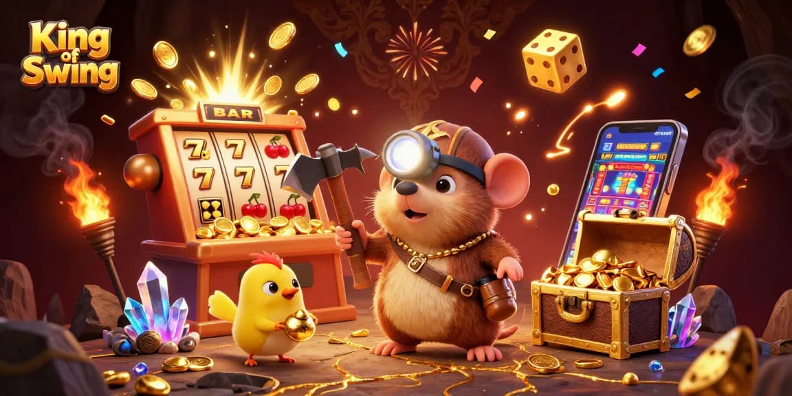 King of Swing illustrates a treasure hunter mole and canary collecting gems and coins among dazzling casino elements.