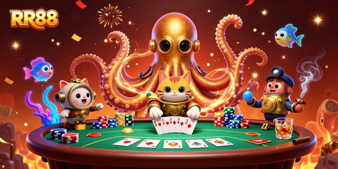 Engage in thrilling games at RR88, featuring a kraken and diving cat amidst poker action.