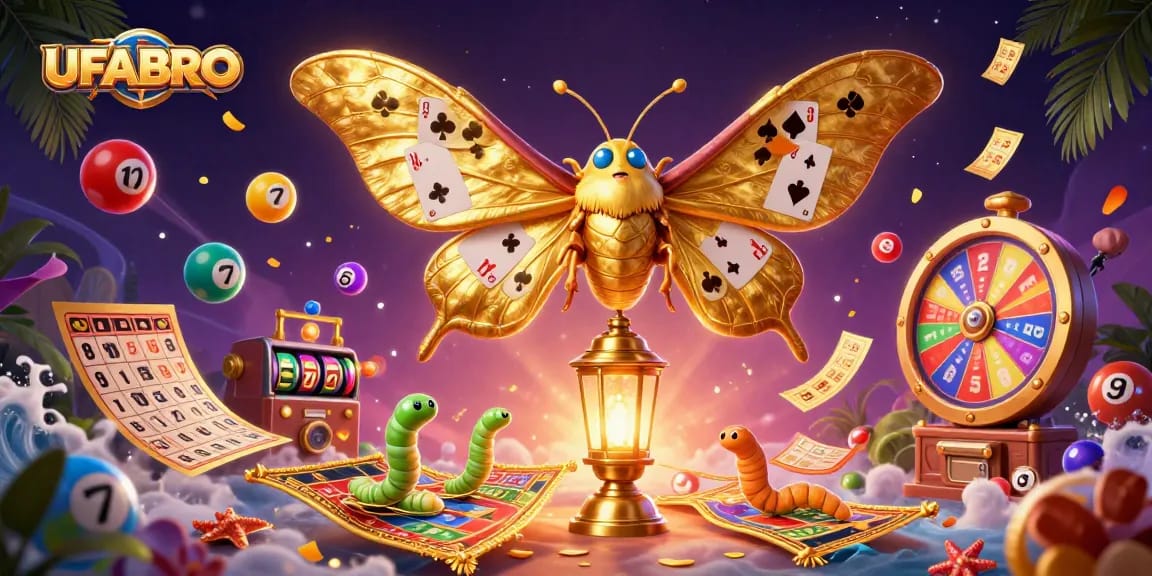 Engage with UFABRO's vibrant casino experience featuring a 3D moth and colorful lottery elements.