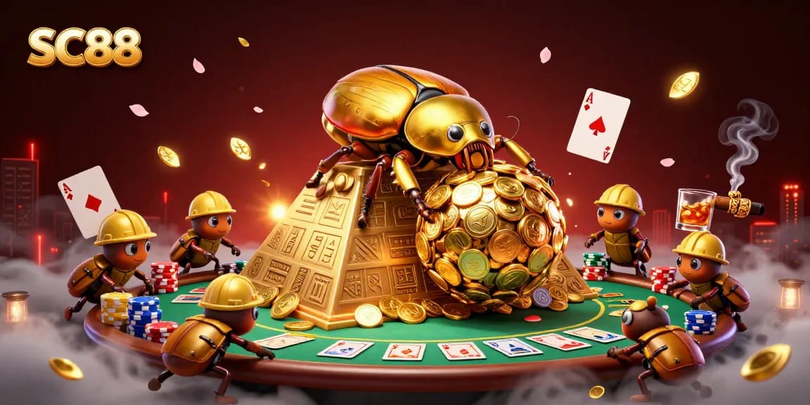SC88 showcases an exhilarating casino scene with a golden dung beetle rolling coins, emphasizing thrilling gameplay dynamics.
