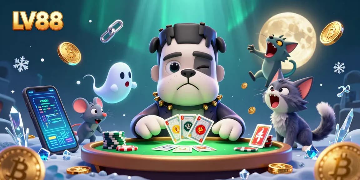 LV88 offers thrilling gaming with a 3D cartoon Frankenstein bulldog dealing cards and a ghost mouse.
