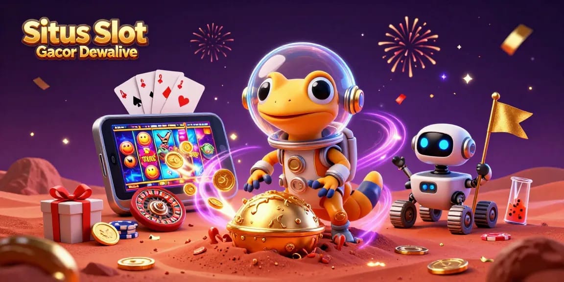Situs Slot Gacor Dewalive showcases a vibrant scene with a Martian gecko and robot discovering a gold casino.