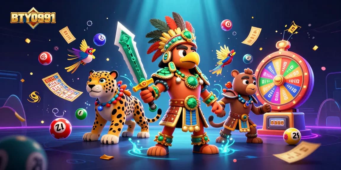 Engaging illustration of BTY0991 showcasing a dynamic lottery scene with Aztec warriors and bright game elements.