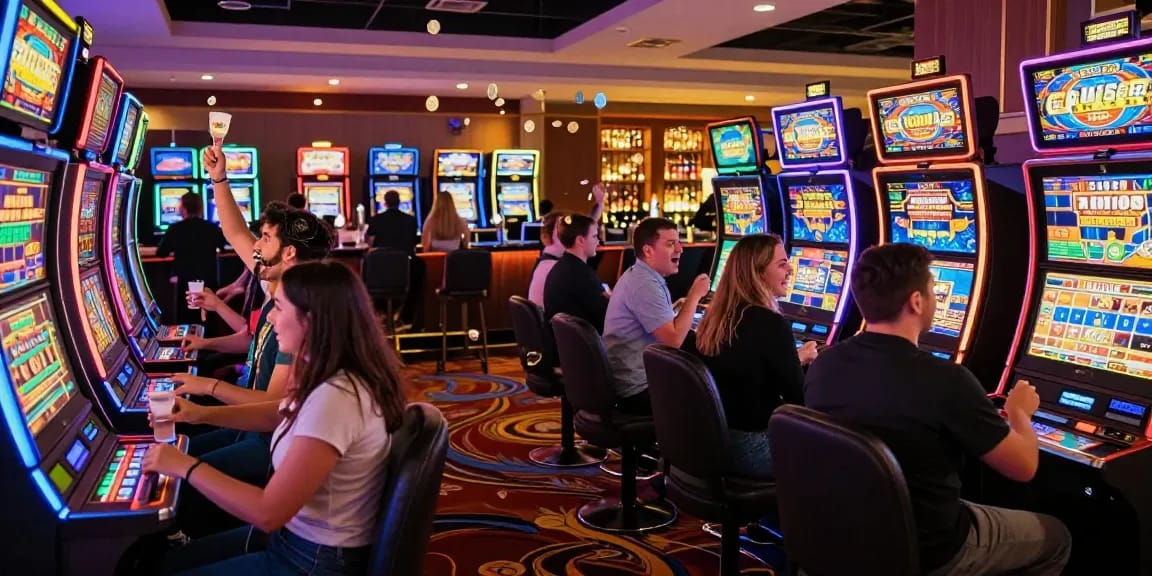 Pengunjung merayakan kemenangan di slot gacor hari ini di kasino yang ramai.